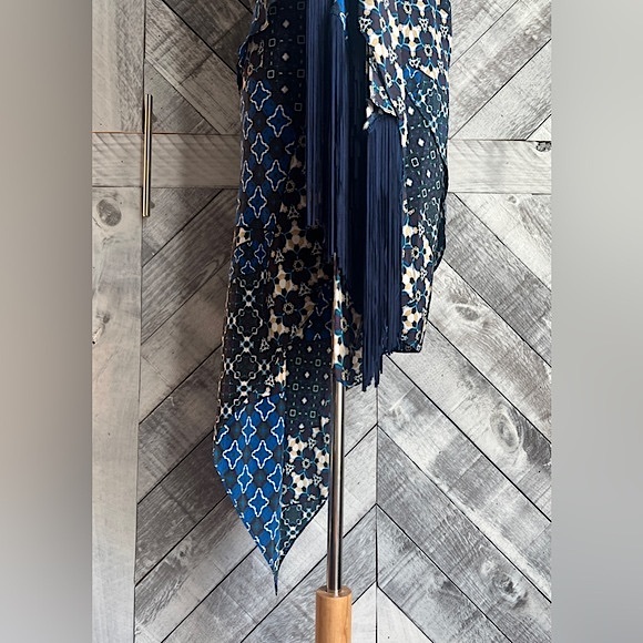 BCBG MAXAZRIA ENID PACIFIC BLUE PATCHWORK ASYMMETRICAL DRESS with FRINGE NWOT - Picture 10 of 11